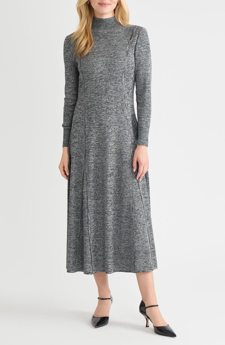 Misook Mélange Long Sleeve A-Line Knit Maxi Dress, Main, color, Black/ New Ivory