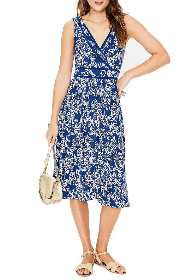 Lorna Faux Wrap Jersey Dress, Main, color, LAPIS BIRD OTTOMI PRINT