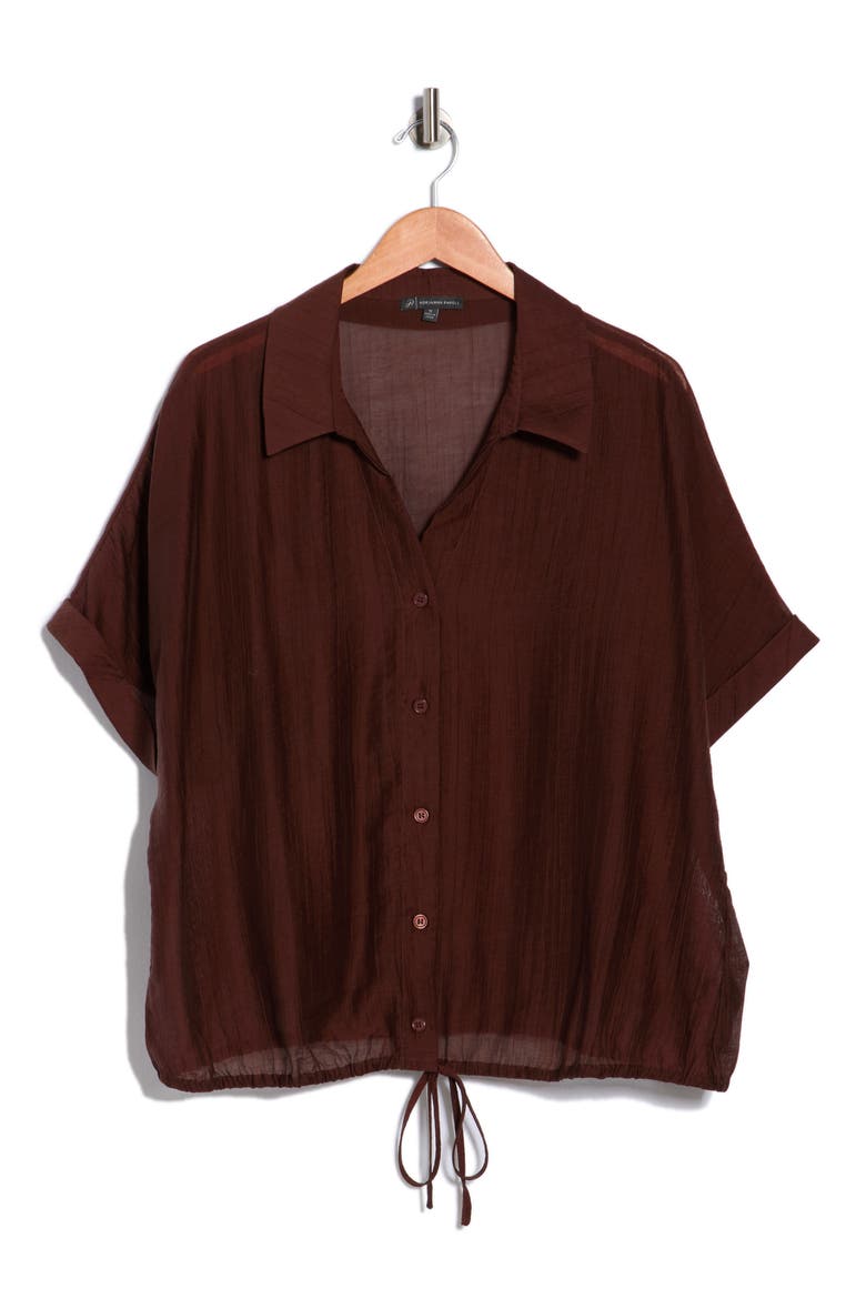 Short Sleeve Tie Front Button-Up Shirt, Alternate, color, CHICKORY COFFEE