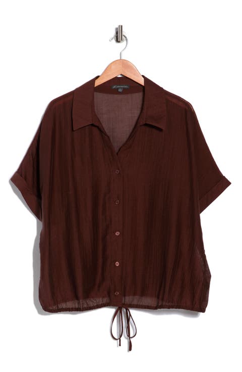 Short Sleeve Tie Front Button-Up Shirt (Plus)