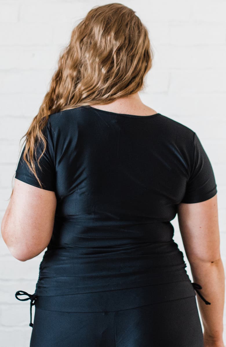 Calypsa Plus Size Short Sleeve Adele Swim Top and Black Mid-Thigh Swim Shorts Set, Alternate, color, Black