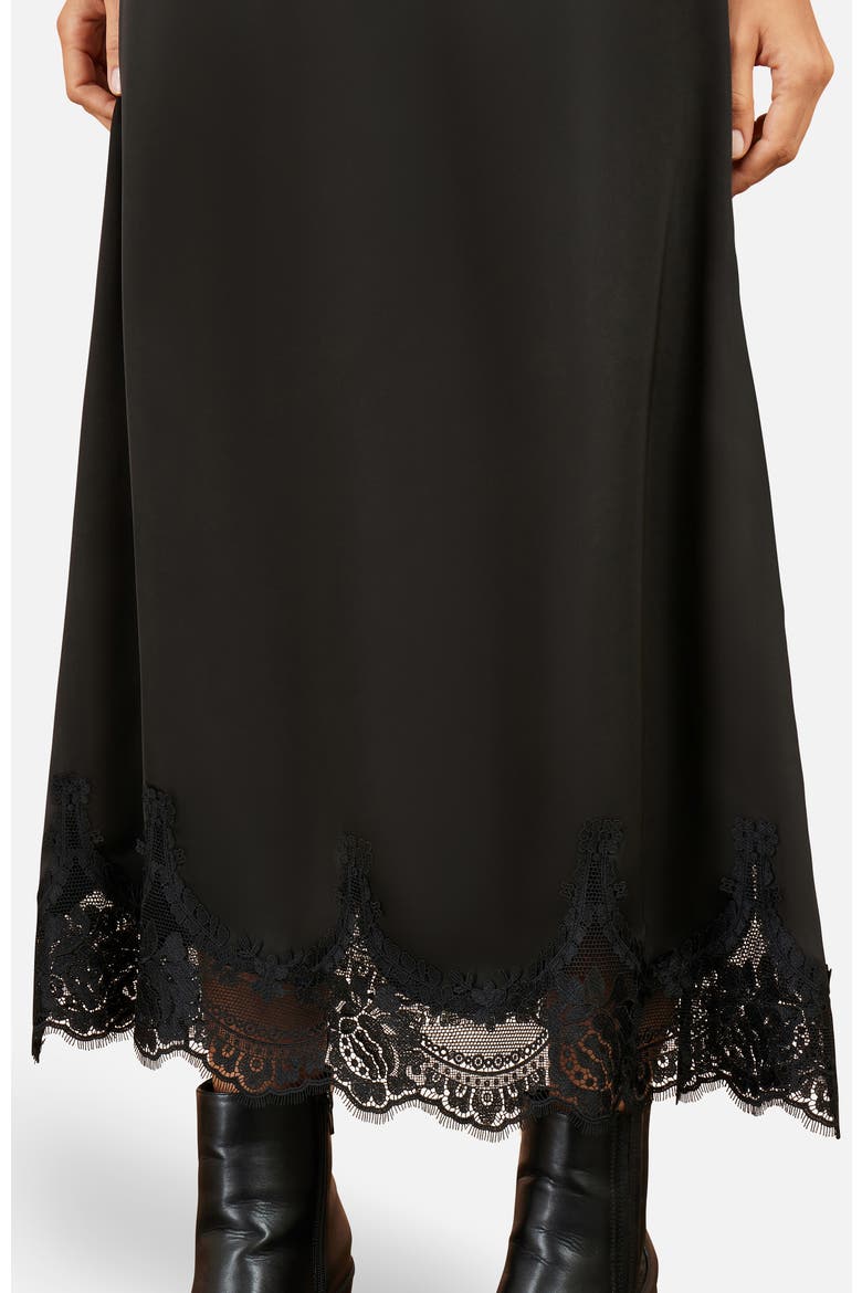 Lace Trim Satin Midi Skirt, Alternate, color, Black