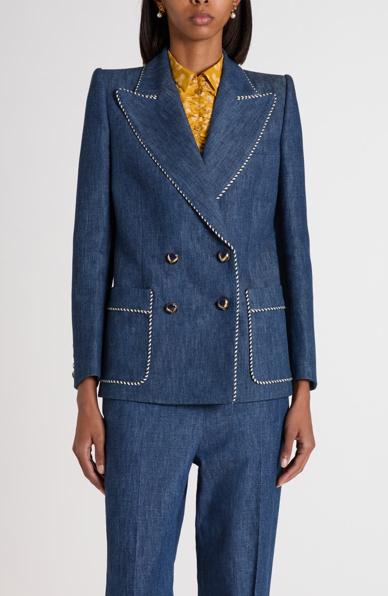 Valentino Garavani Piped Double Breasted Denim Blazer, Main, color, Navy