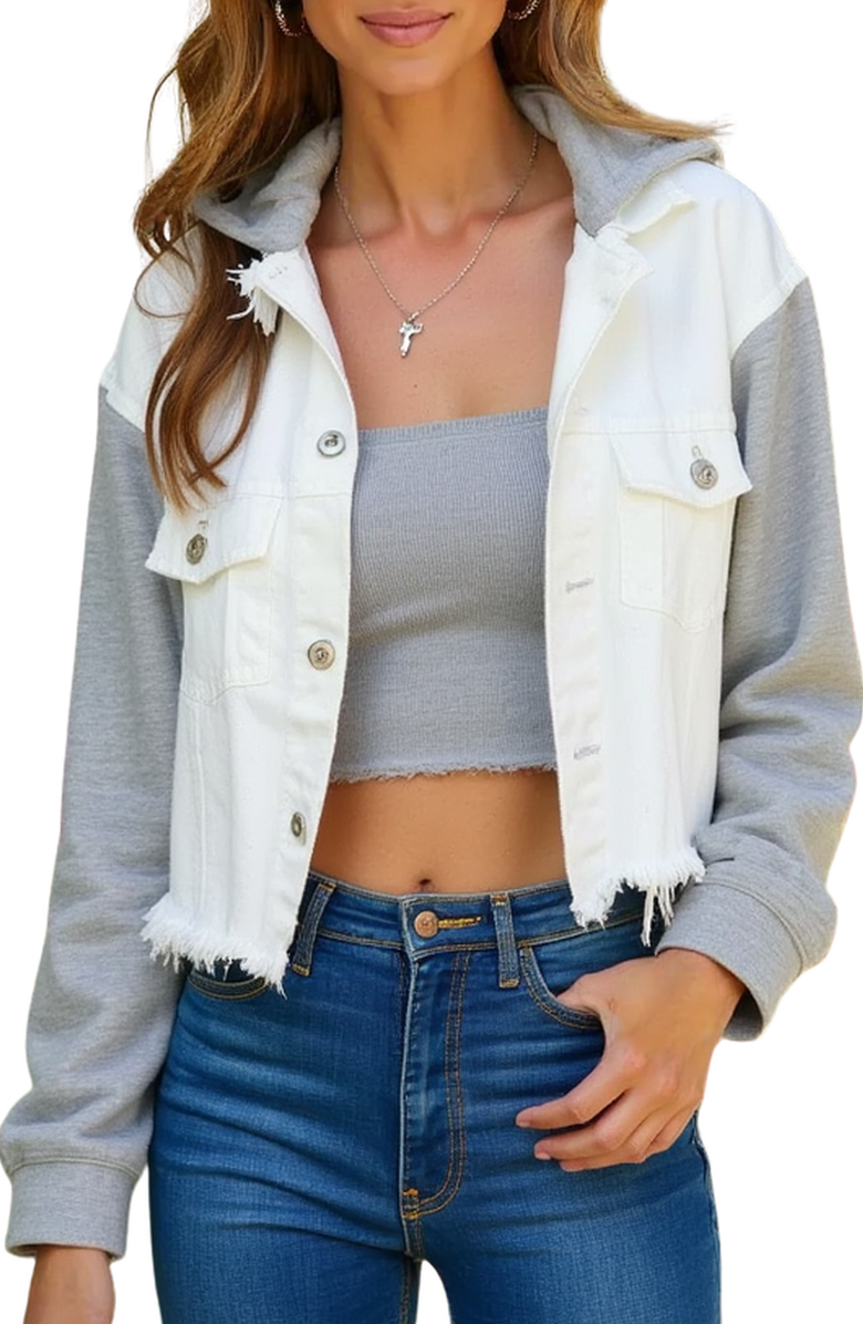 Knit and Lounge Raw Edge Cropped Hooded Denim Jacket with Contrast Sleeves, Main, color, 