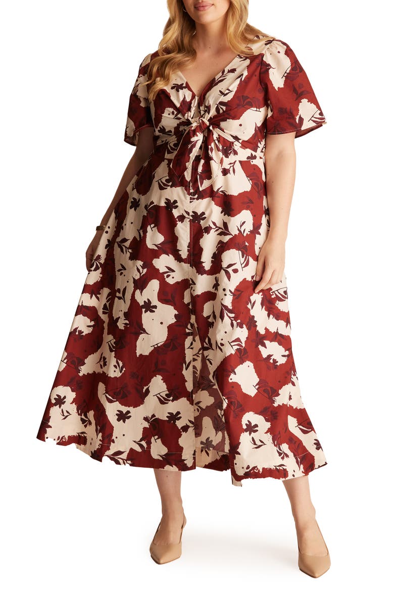 Nadja Floral Cotton Midi Dress, Alternate, color, MAROON/CREAM