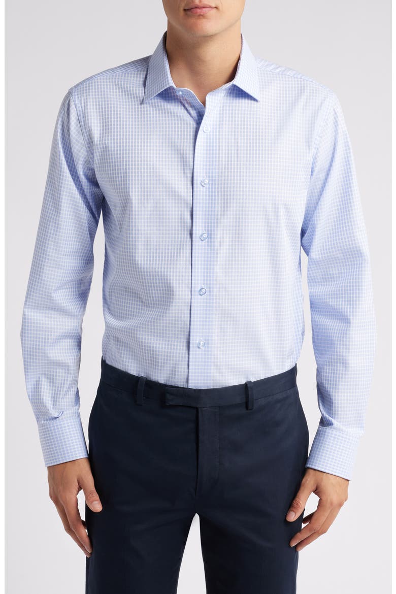 Trim Fit Textured Check Cotton Dress Shirt, Main, color, LIGHT BLUE