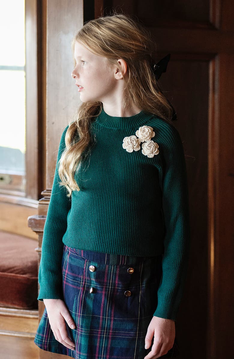Hope & Henry Kids' Organic Long Sleeve Mock Neck Sweater with Rosettes, Alternate, color, Deep Green Rosette