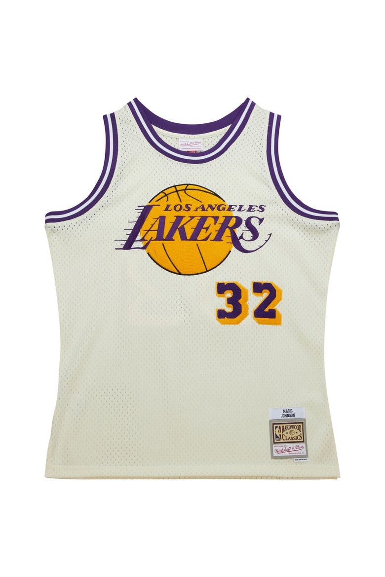 Men's Mitchell & Ness Magic Johnson Cream Los Angeles Lakers Chainstitch Swingman Jersey, Alternate, color, Cream