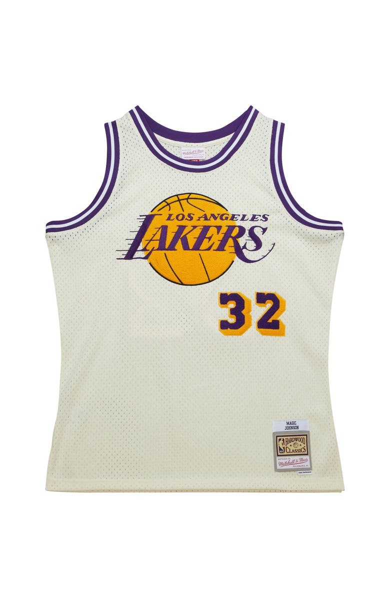Mitchell & Ness Men's Mitchell & Ness Magic Johnson Cream Los Angeles Lakers Chainstitch Swingman Jersey, Alternate, color, 