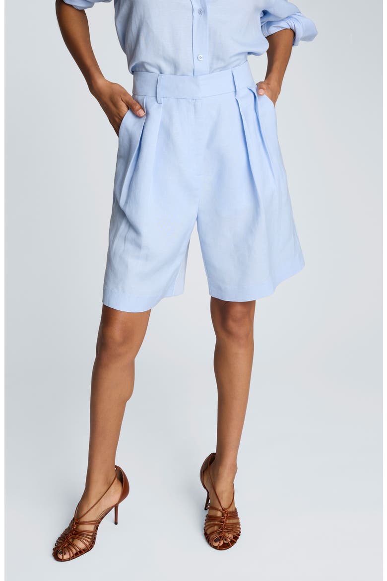 Pleated Linen Bermuda Shorts, Alternate, color, BLUE DAWN