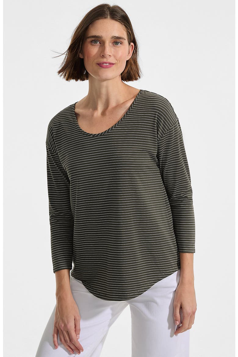 3/4 Sleeve Lightweight Jersey U-Neck Tunic, Main, color, Forest Moss Thin Stripe