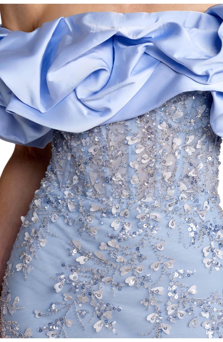 Mac Duggal Beaded Applique Off The Shoulder Mermaid Gown, Alternate, color, Periwinkle