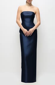 Alfred Sung Eliza Bow Back Strapless Satin Column Gown