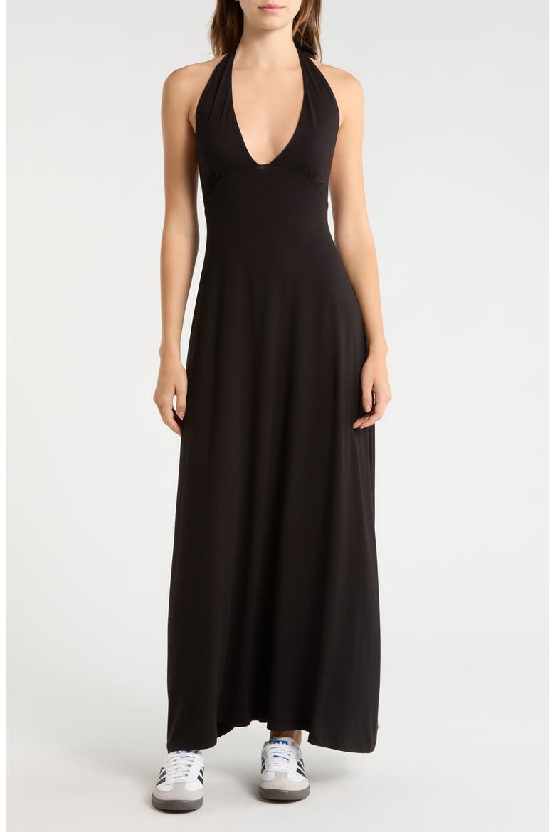Alexa Plunge Halter Neck Midi Dress, Main, color, BLACK