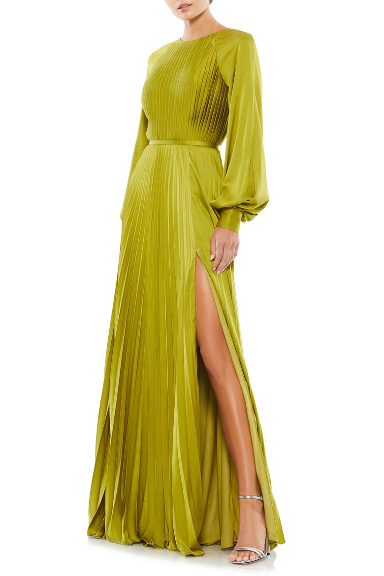 Pleated High Neck Raglan Long Sleeve Side Slit Gown, Main, color, APPLE GREEN