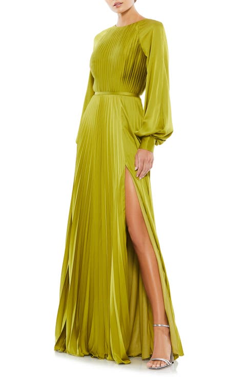Pleated High Neck Raglan Long Sleeve Side Slit Gown