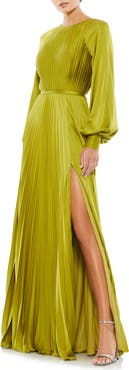 Ieena for Mac Duggal Pleated High Neck Raglan Long Sleeve Side Slit Gown