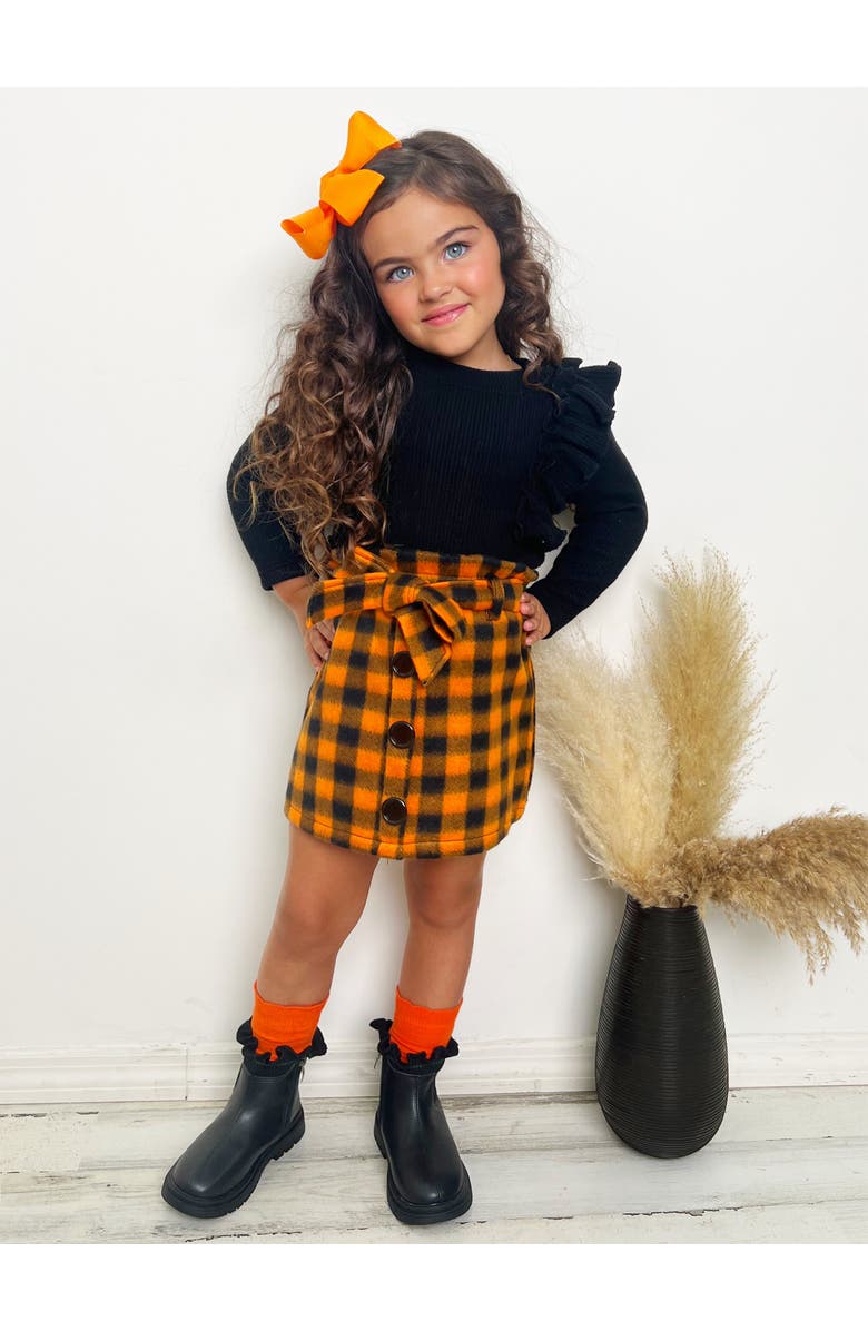 Mia Belle Girls Feels Like Fall Ruffled Top and Checkered Skirt Set, Alternate, color, Orange