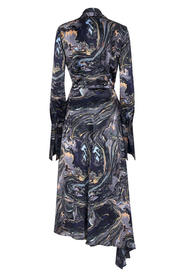Karligraphy Marble Print Asymmetric Long Sleeve Crepe Satin Dress, Alternate, color, ARIZONA