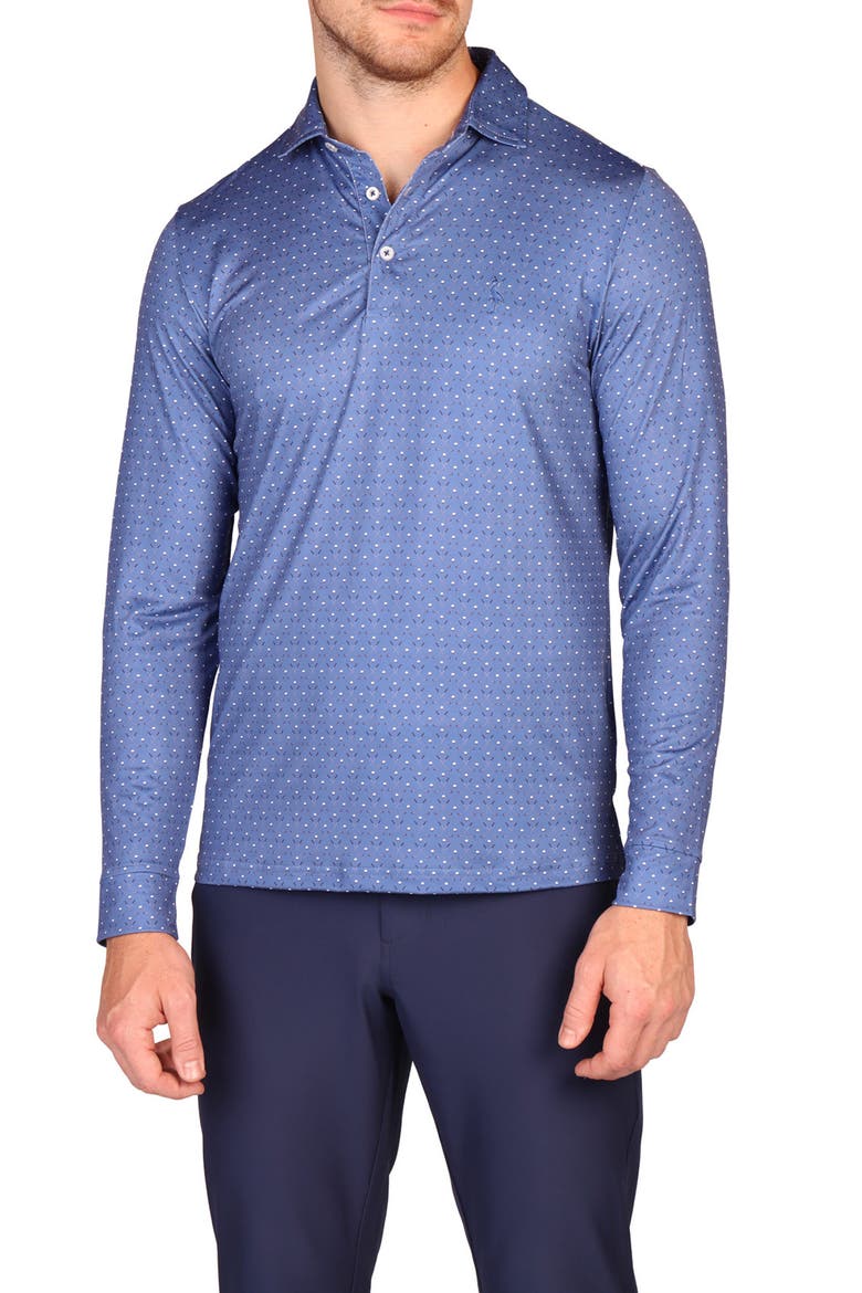 Club Print Long Sleeve Performance Polo, Main, color, DENIM