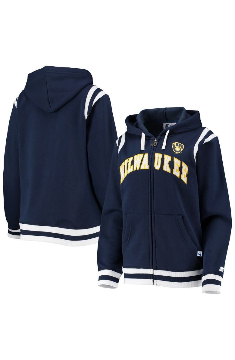 STARTER Women's Starter Navy Milwaukee Brewers Vintage Full-Zip Hoodie, Alternate, color, 