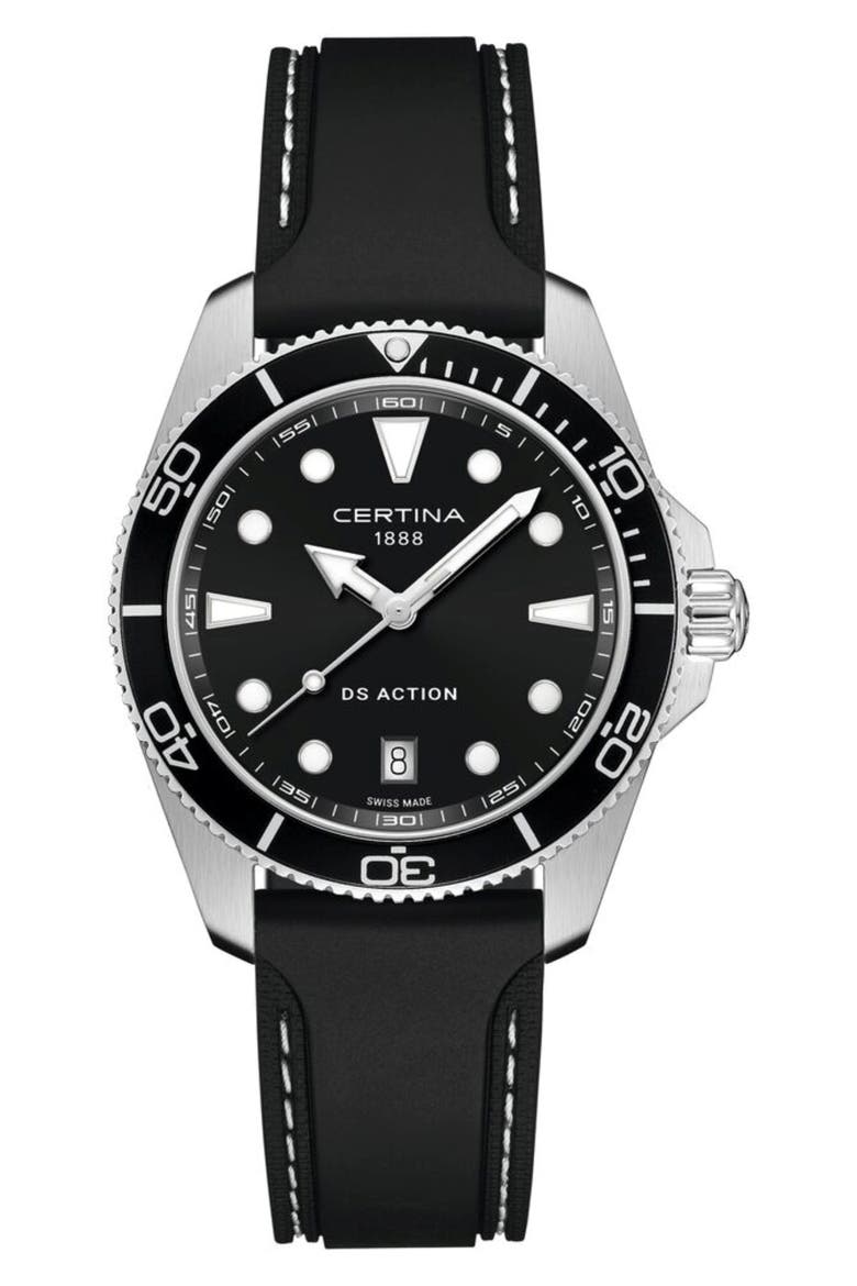 DS Action Swiss Quartz Rubber Strap Watch, 40mm, Main, color, STAINLESS STEEL