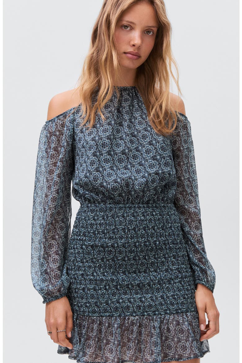 Cold Shoulder Long Sleeve Smocked Dress, Alternate, color, PETROL BLUE