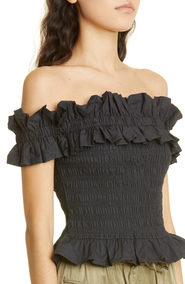 Ganni Shirred & Smocked Off the Shoulder Organic Cotton Top, Alternate, color,