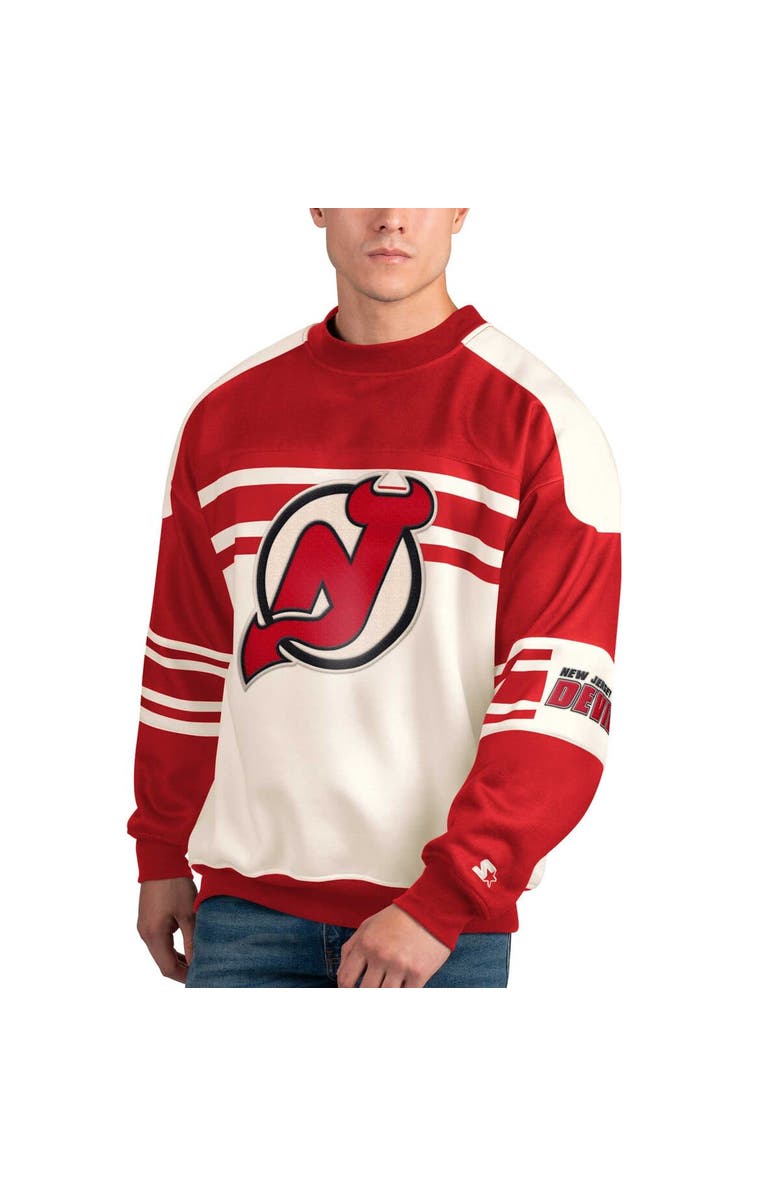 STARTER Men's Starter White New Jersey Devils Defense Fleece Crewneck Pullover Sweatshirt, Alternate, color, White