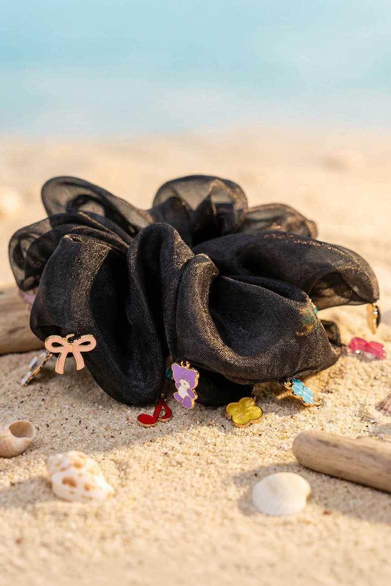 Oversized Organza Scrunchie with Charms - Black, Alternate, color, Black