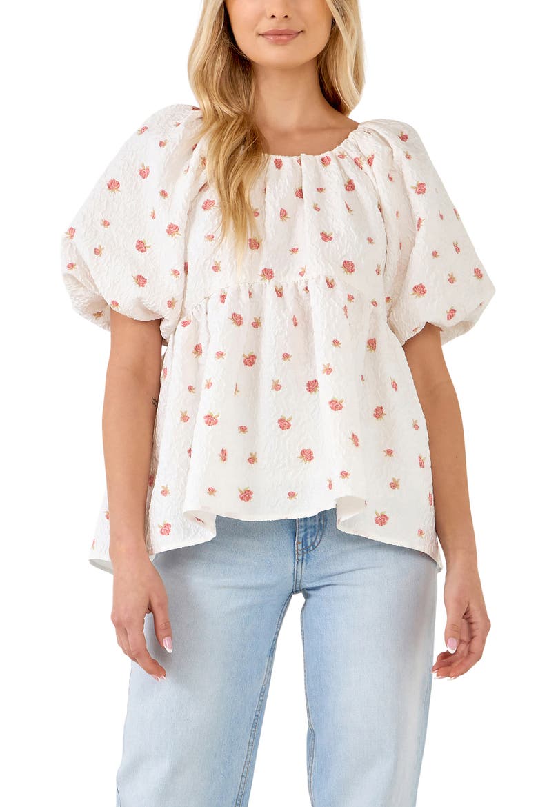English Factory Floral Jacquard Puff Sleeve Babydoll Top, Alternate, color, WHITE