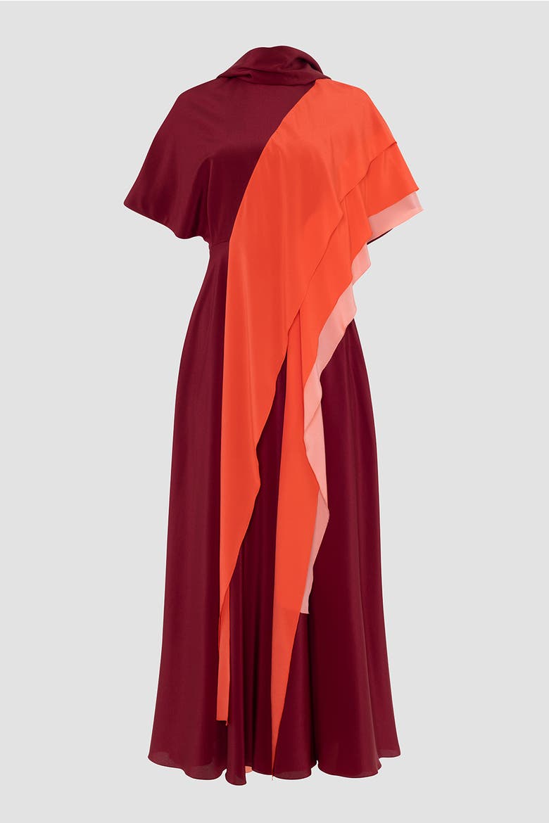 Arisha Chiffon Draped Midi Dress, Alternate, color, Borgonha / Hibiscus
