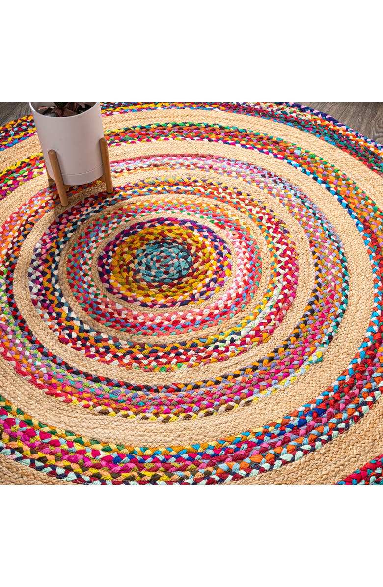 JONATHAN Y Isla Round Boho Braided Rag & Jute Round Area Rug, Alternate, color, Multi/Natural