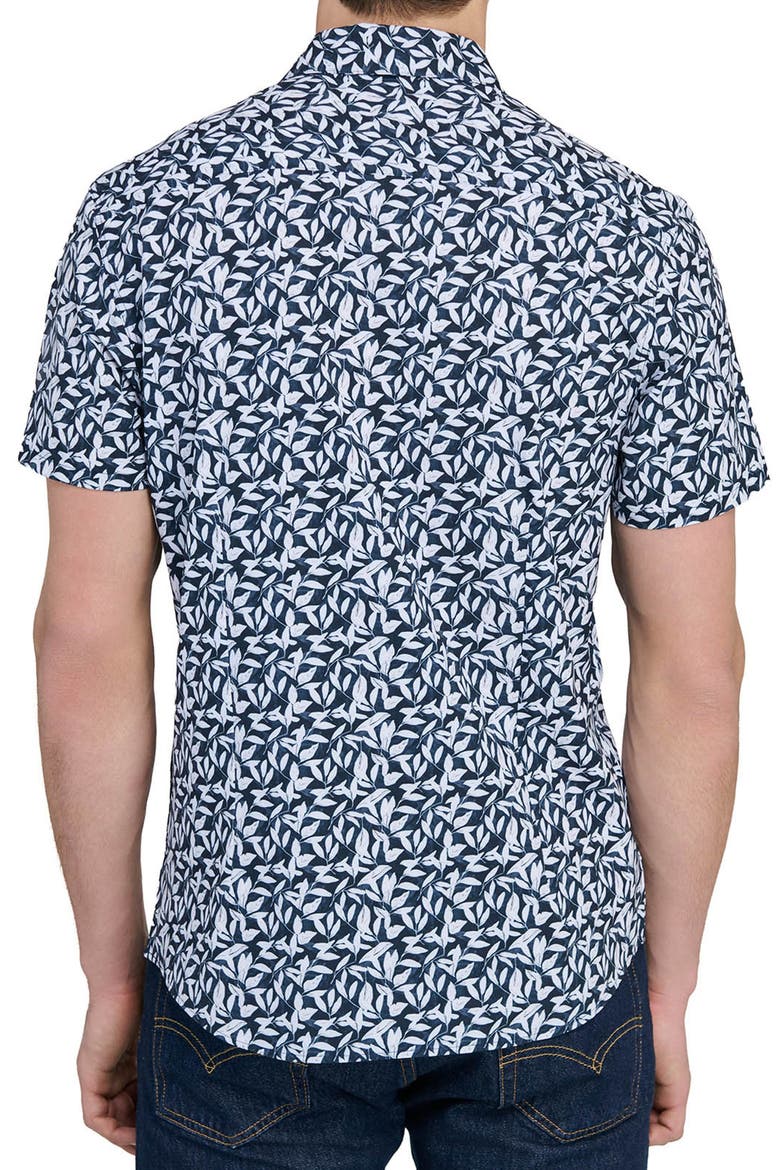 Leaf Print Short Sleeve Performance Button-Up Shirt, Alternate, color, NAVY