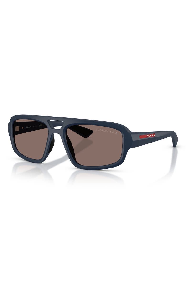 Prada Linea Rossa 57mm Polarized Irregular Sunglasses, Alternate, color, Rubber Blue / Light Brown
