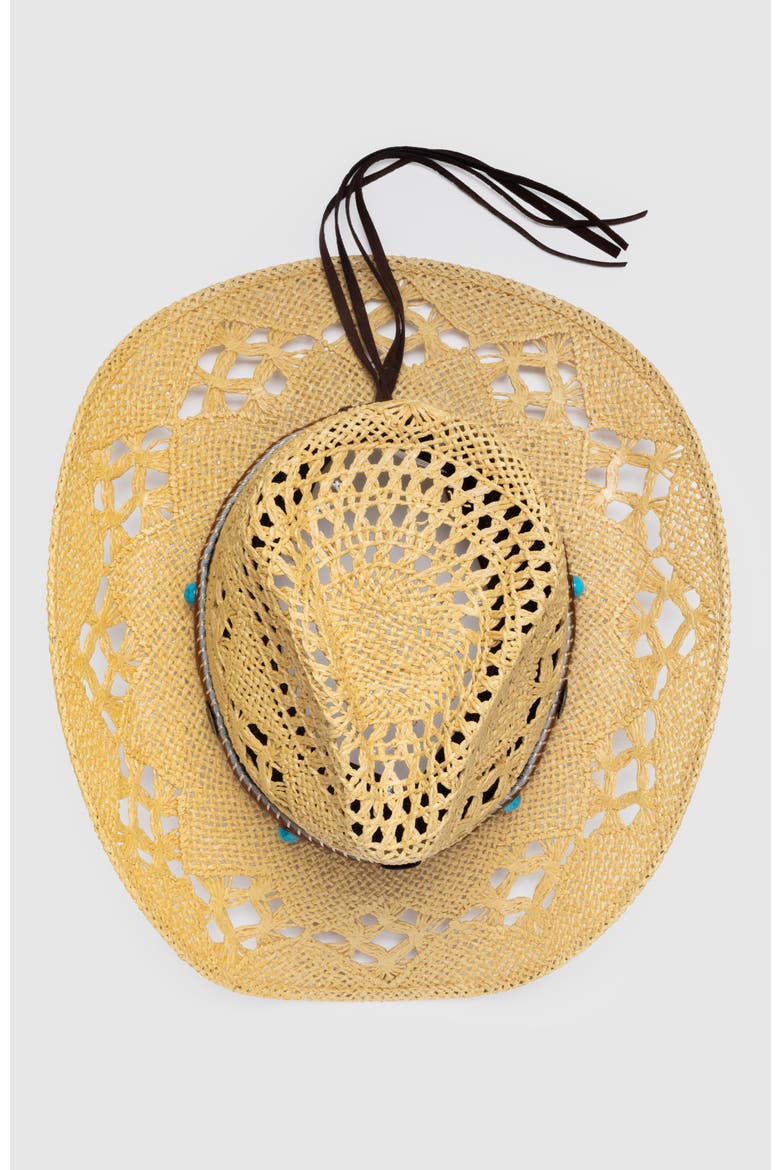 Twister Ranch  Handwoven Straw Sun Hat - Bohemian Summer Cowboy Hat, Alternate, color, Ochre / Turquoise