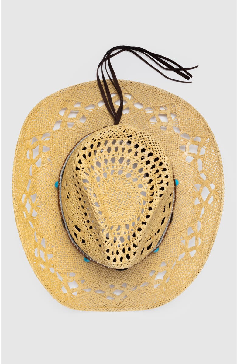 Manela Twister Ranch  Handwoven Straw Sun Hat - Bohemian Summer Cowboy Hat, Alternate, color, Ochre / Turquoise