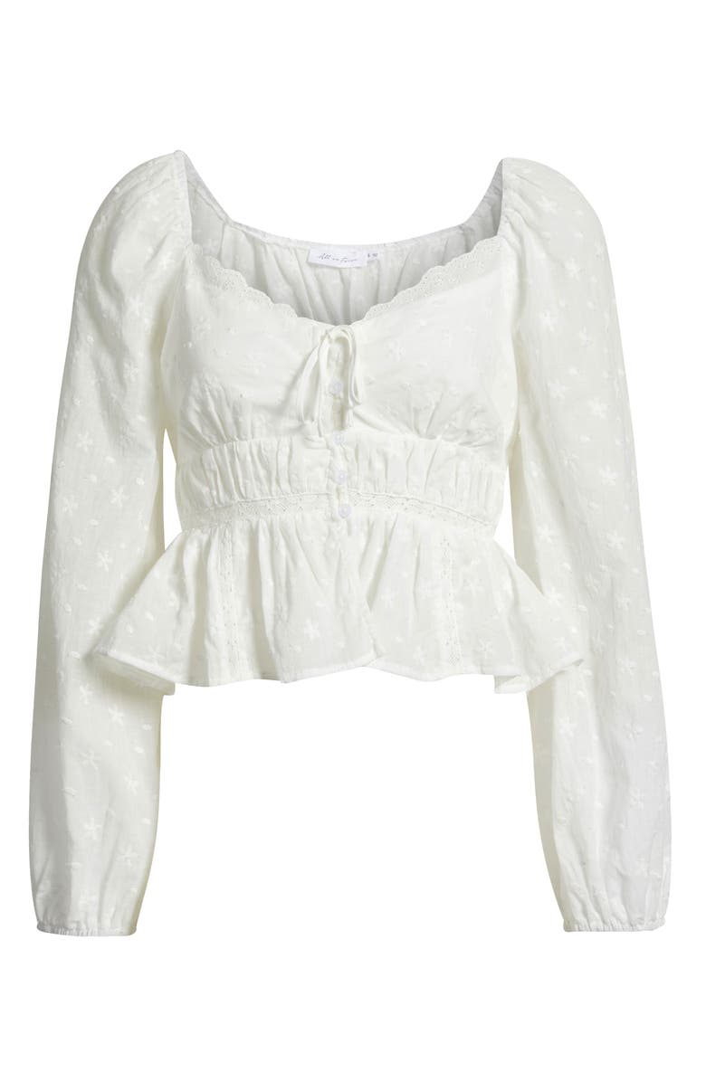 All in Favor Embroidered Long Sleeve Peplum Top, Main, color, White