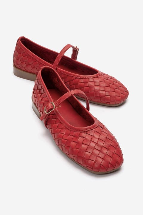 Yevora Leather Woven Strap Ballet Flat