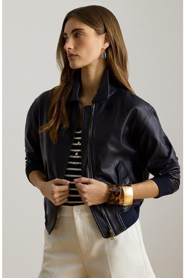 Modern Leather Bomber Jacket, Alternate, color, REFINED NAVY BLUE