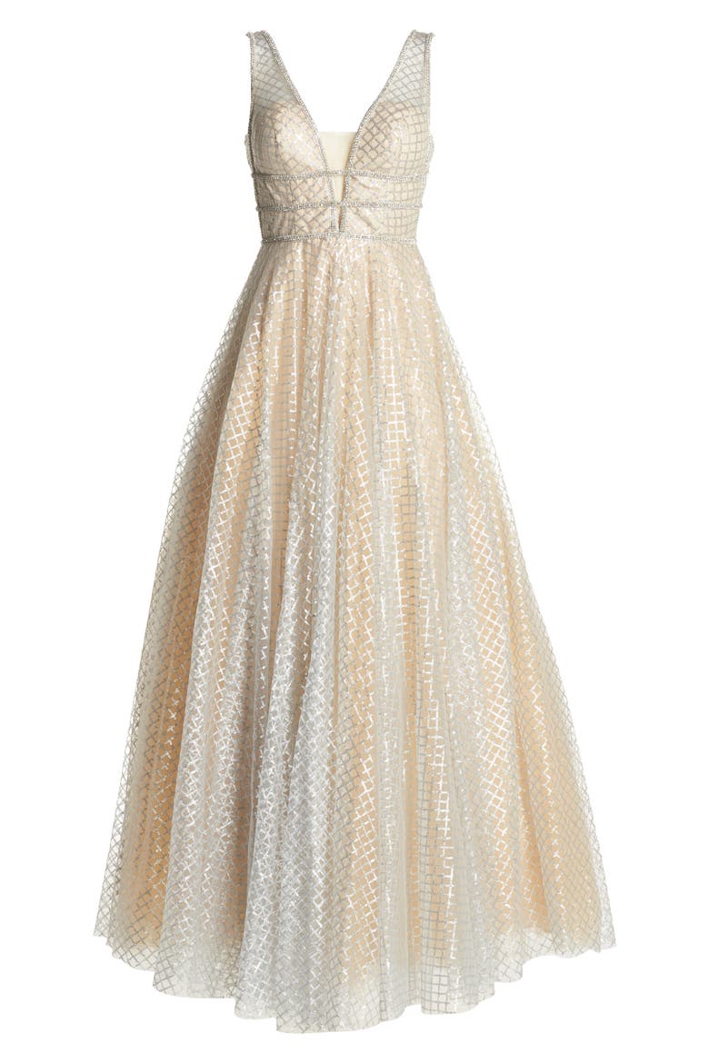Sequin Illusion Neck A-Line Gown, Alternate, color, NUDE/ SILVER