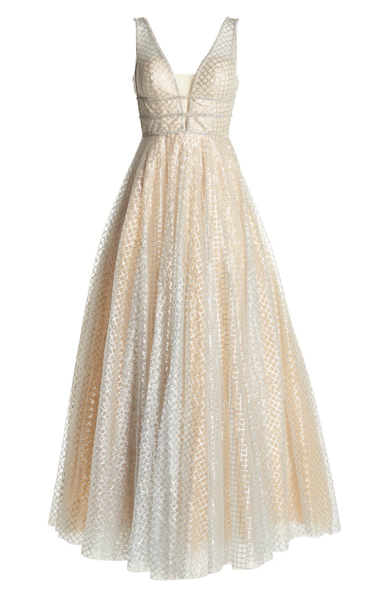 Mac Duggal Sequin Illusion Neck A-Line Gown, Alternate, color, 