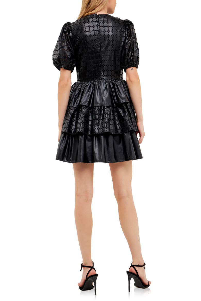 Eyelet Tiered Faux Leather Minidress, Alternate, color, BLACK