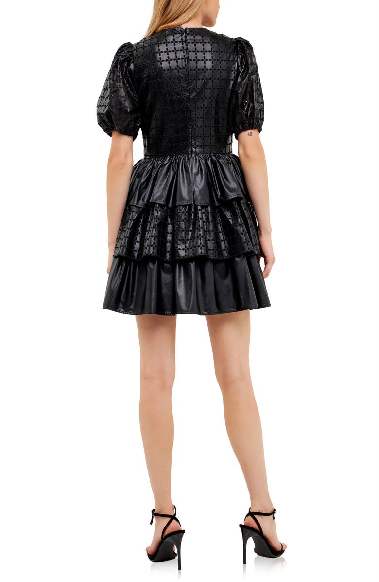 English Factory Eyelet Tiered Faux Leather Minidress, Alternate, color, Black