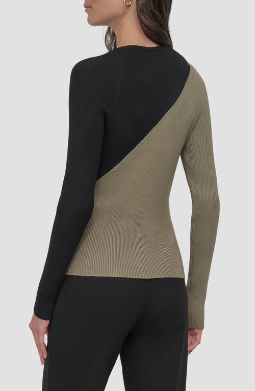 Dkny Colorblock Shoulder Cutout Long Sleeve Sweater In Utility Green/black