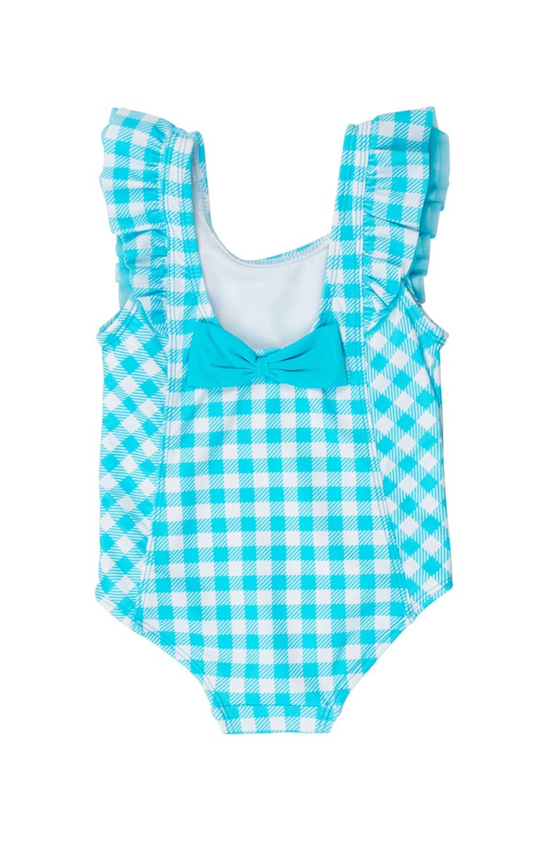 RuffleButts Toddler Girls UPF50+ Waterfall One Piece, Alternate, color, Bright Aqua Gingham