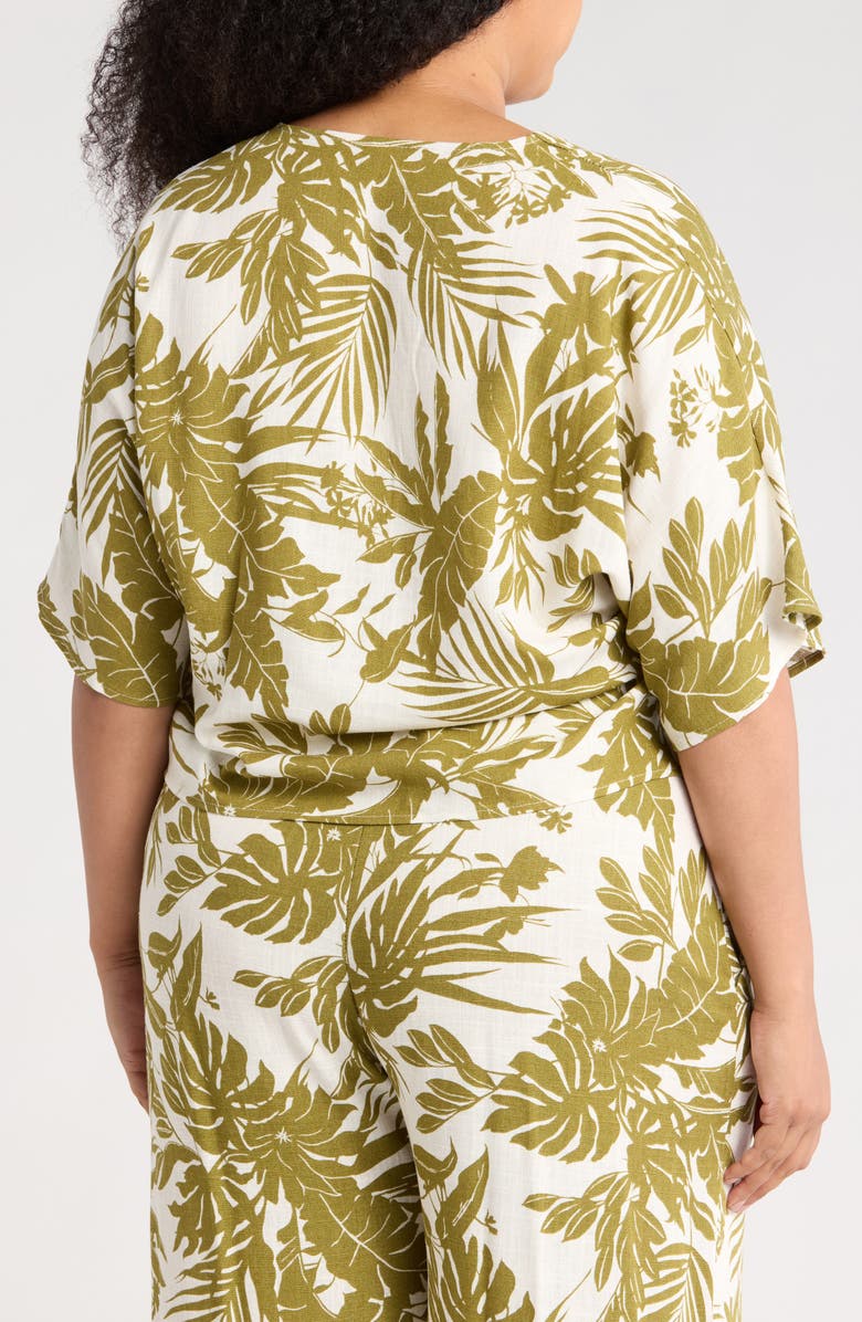 Renee C Tropical Short Sleeve Tie Front Button-Up Top, Alternate, color, Olive