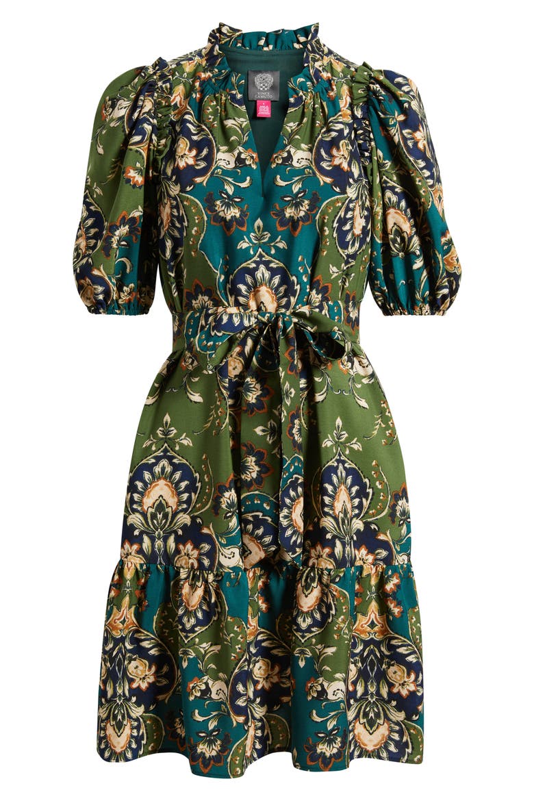 Print Tie Waist Puff Sleeve Dress, Alternate, color, GREEN MULTI