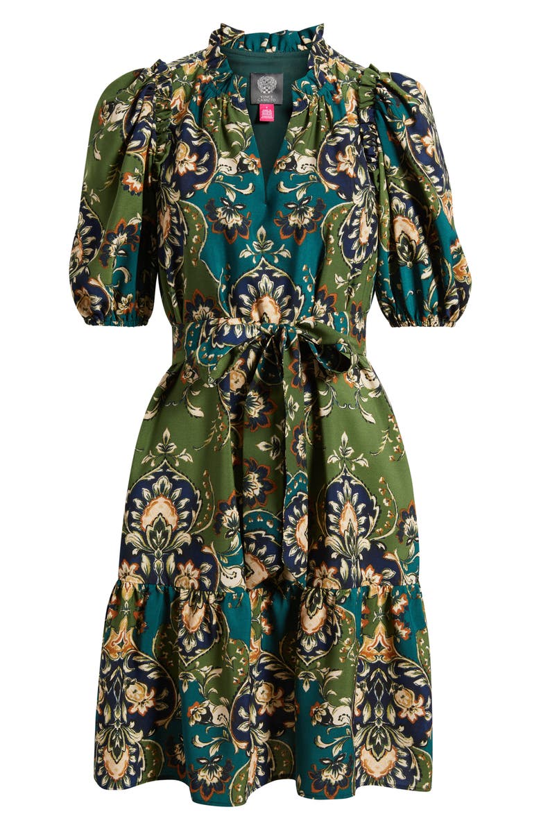 Vince Camuto Print Tie Waist Puff Sleeve Dress, Alternate, color, Green Multi