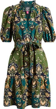 Vince Camuto Print Tie Waist Puff Sleeve Dress